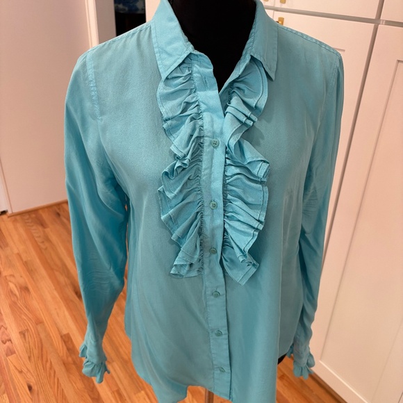 J Crew Collection Silk Blue Button Down Ruffled Blouse, Size 10 - Picture 1 of 9